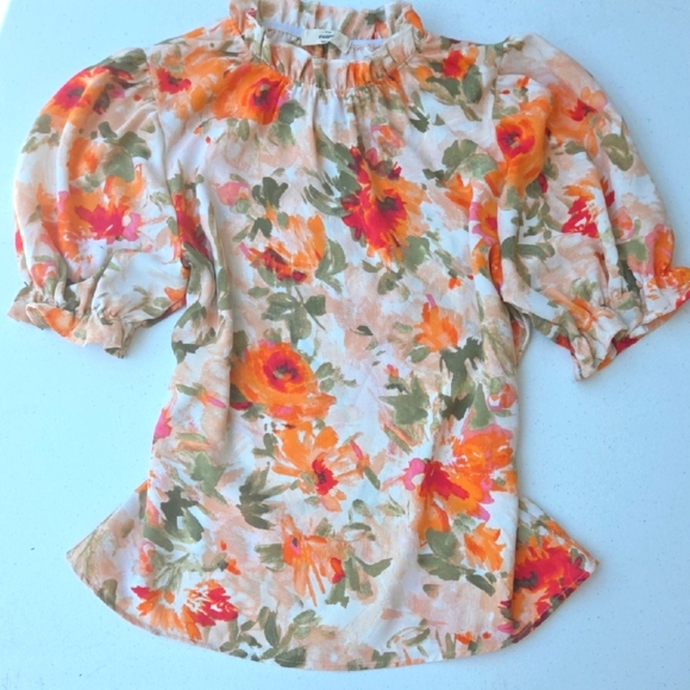 Entro Floral Puff Sleeve Ruffle Neck Blouse - Orange and Green Small